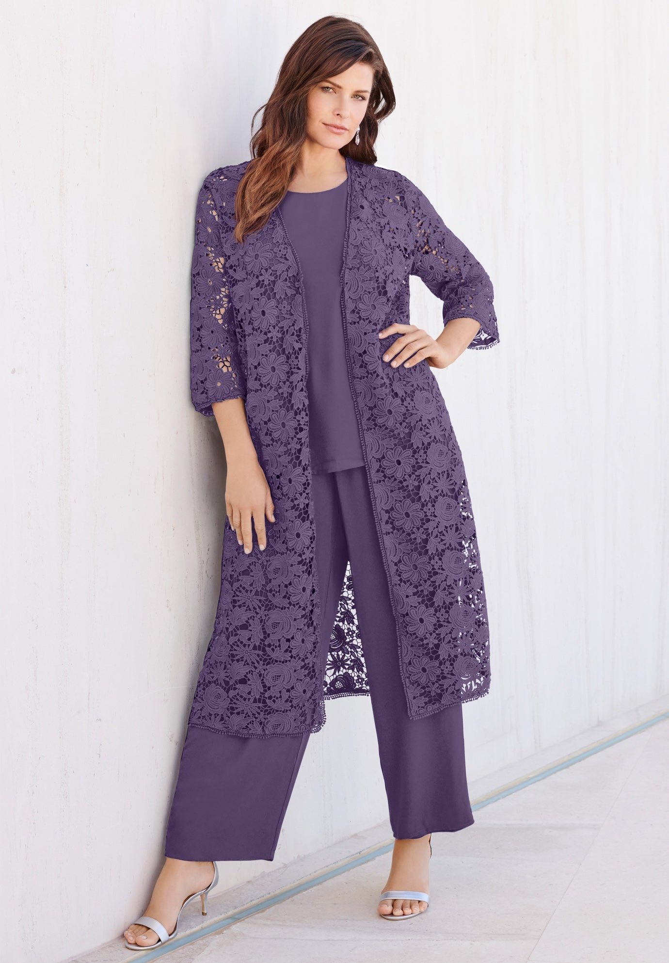 Extended Plus Size 3-Piece Allover Lace Duster Pant Set &ndash; Formal Wear image number 0