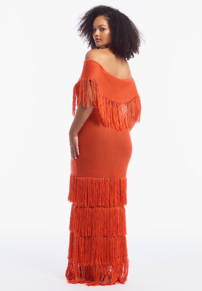 Off-Shoulder Fringe Sweater Dress image number 2