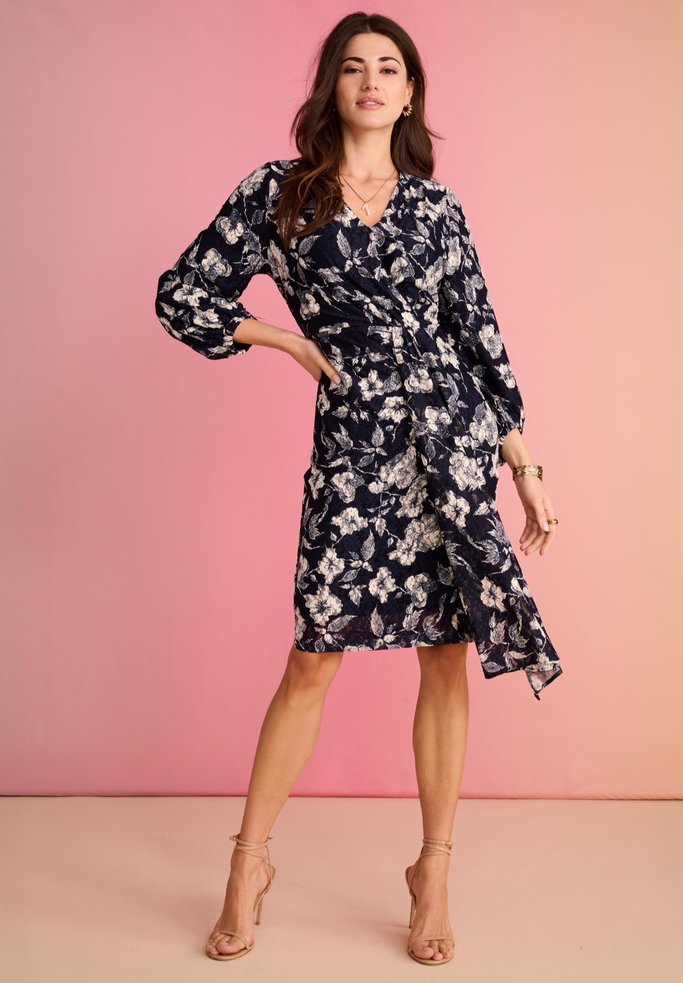 Plus Size Lace V-Neck Long Sleeve Floral Dress image number 0