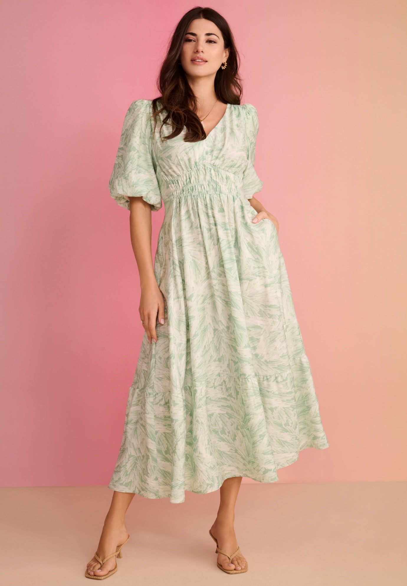 Plus Size V-Neck Puff Sleeve Smocked Waist Maxi Dress image number 0