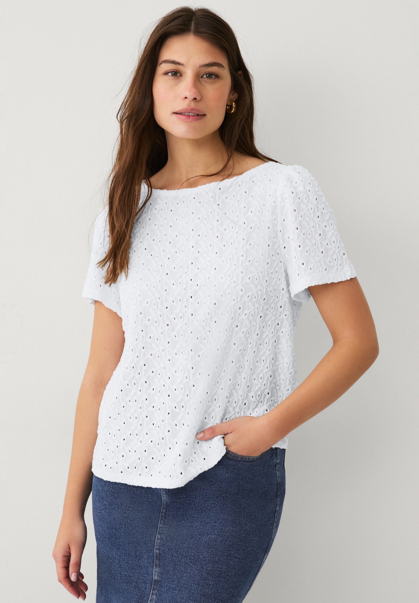 Boat Neck Flutter Sleeve Knit Eyelet Tee image number 0