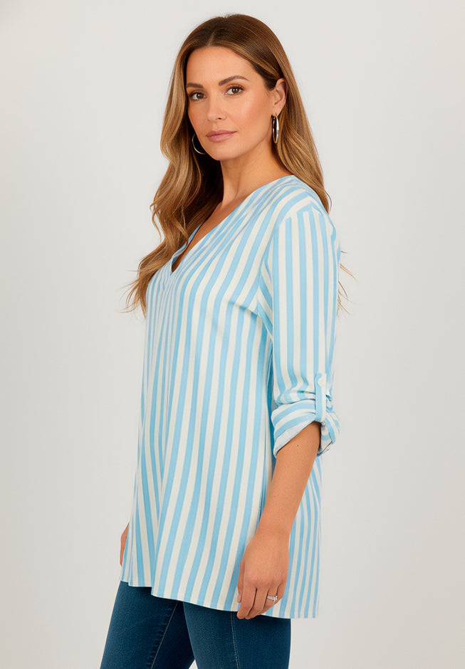 Plus Size Linen-Blend Y-Neck Roll-Tab Sleeve Tunic image number 3