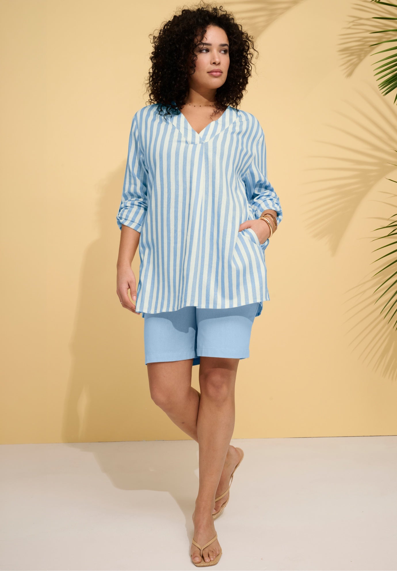 Plus Size Linen-Blend Y-Neck Roll-Tab Sleeve Tunic image number 0