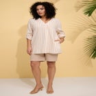 Plus Size Linen-Blend Y-Neck Roll-Tab Sleeve Tunic image number null