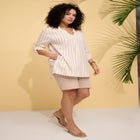 Plus Size Linen-Blend Y-Neck Roll-Tab Sleeve Tunic image number null