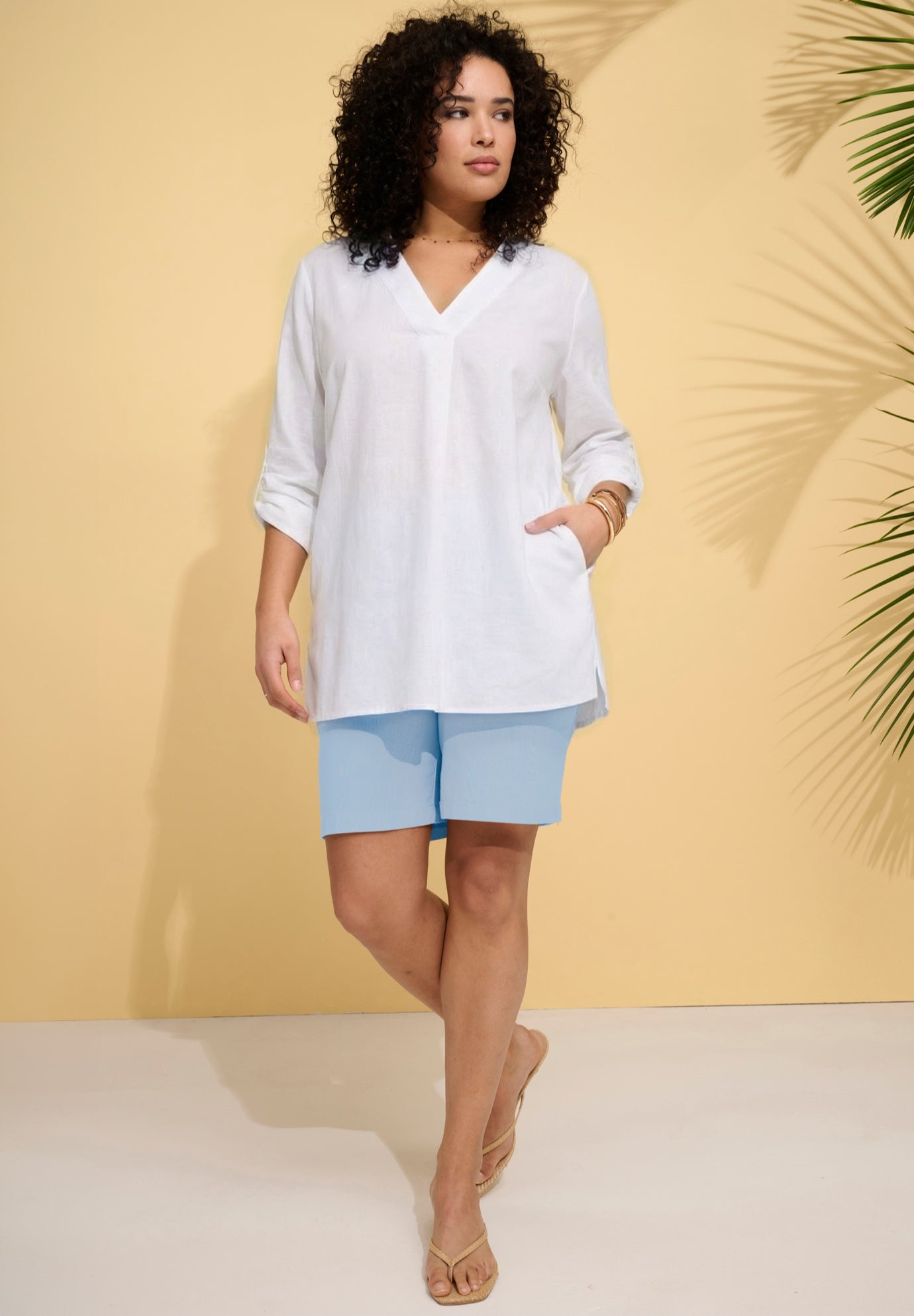 Plus Size Linen-Blend Y-Neck Roll-Tab Sleeve Tunic image number 0