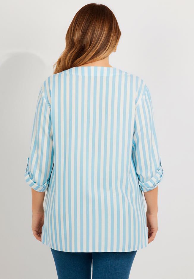 Plus Size Linen-Blend Y-Neck Roll-Tab Sleeve Tunic image number 2