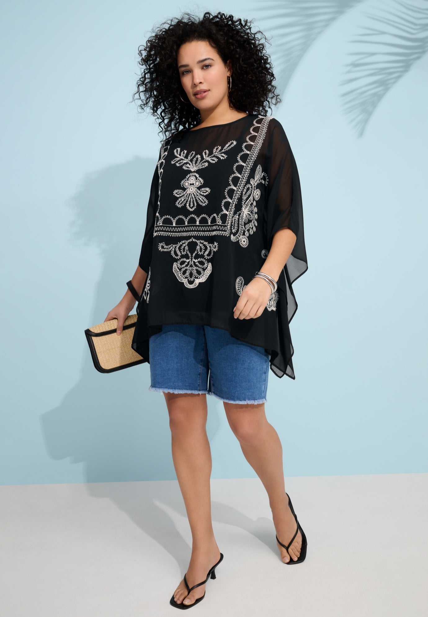 Plus Size Chiffon Boatneck Embroidered Soutache Poncho image number 1