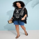 Plus Size Chiffon Boatneck Embroidered Soutache Poncho image number null