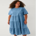 Lightweight Denim Short Sleeve Tiered Midi Dress image number null