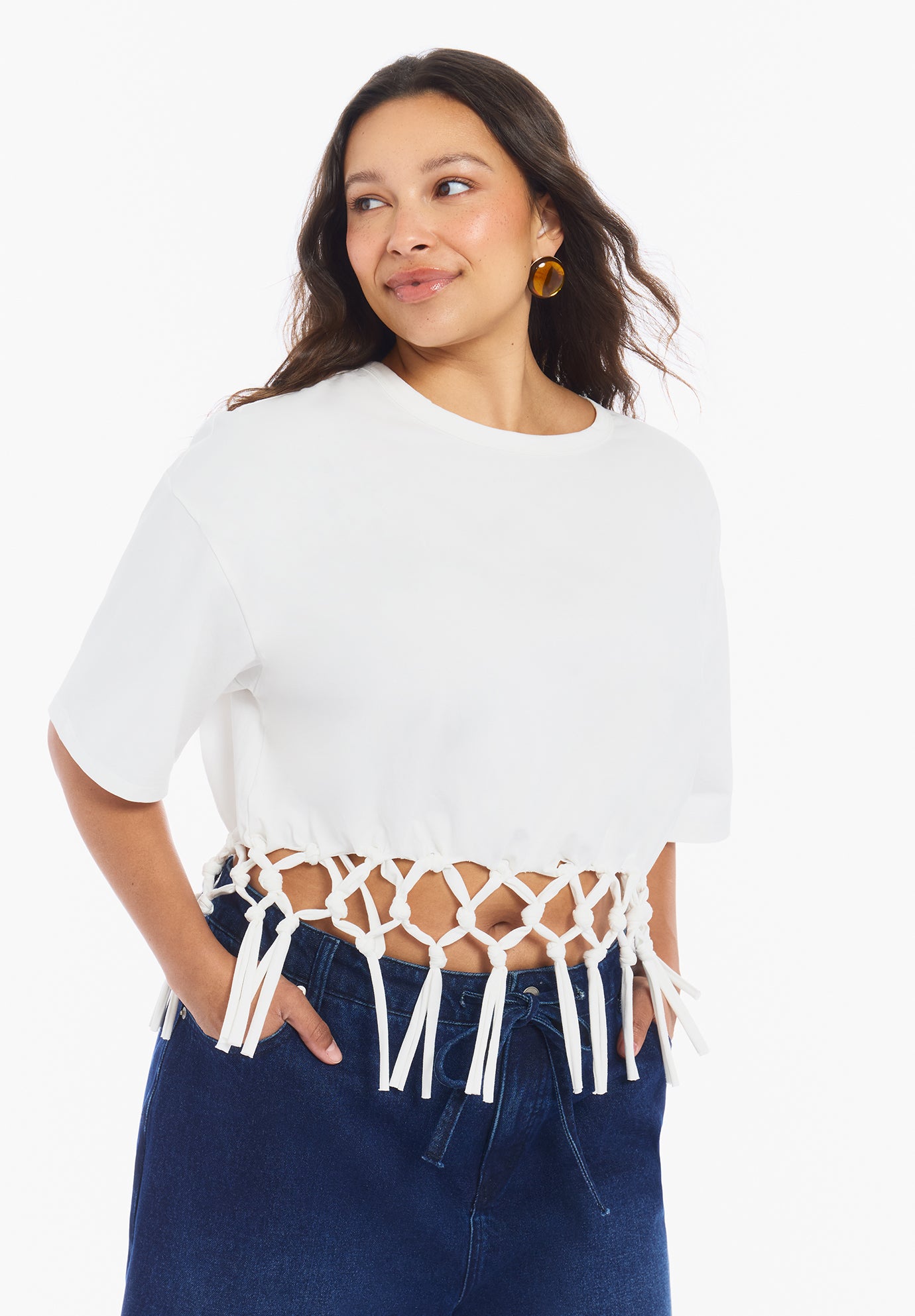 Fringe Trim Cropped Crewneck Tee image number 2
