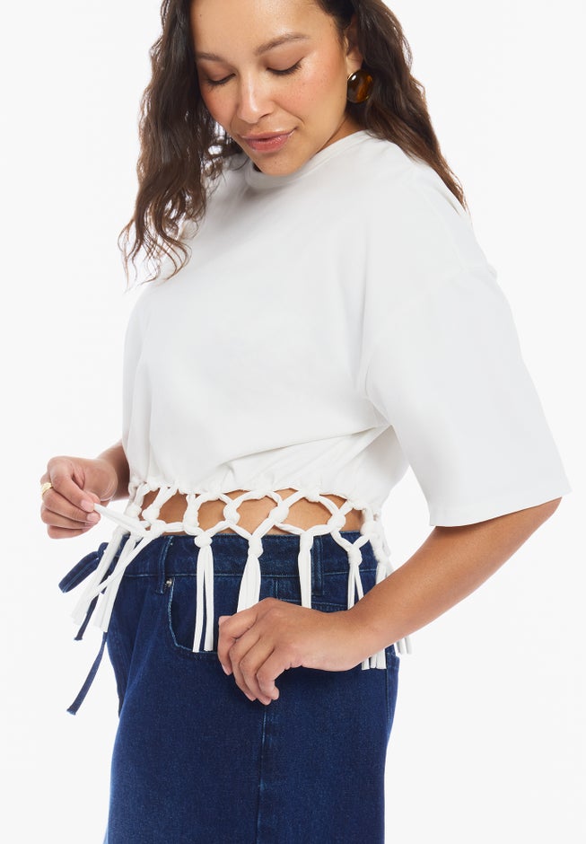 Fringe Trim Cropped Crewneck Tee image number 4