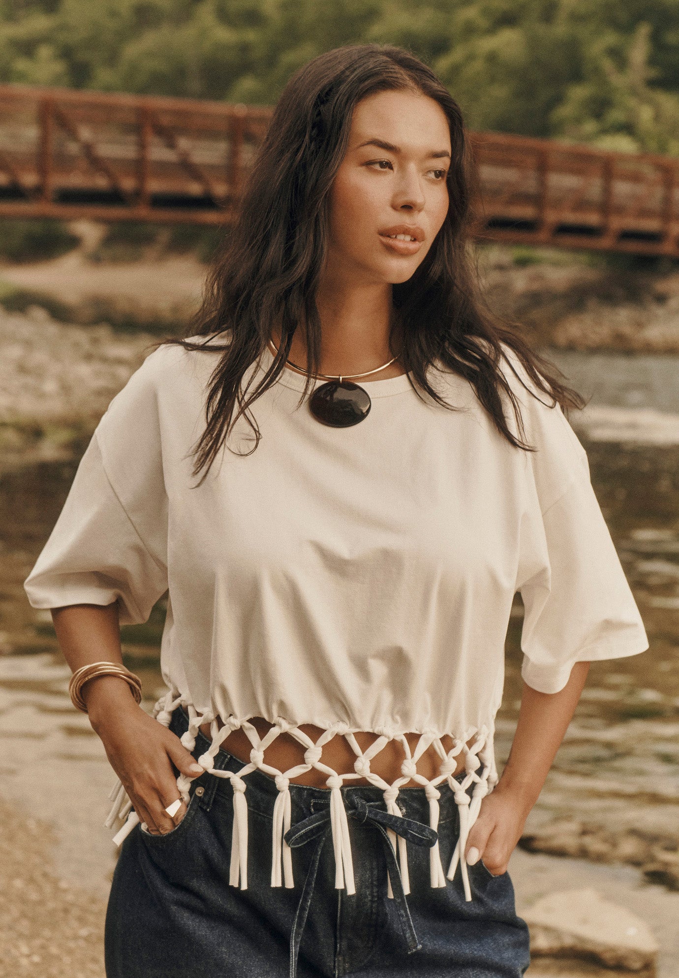 Fringe Trim Cropped Crewneck Tee image number 0