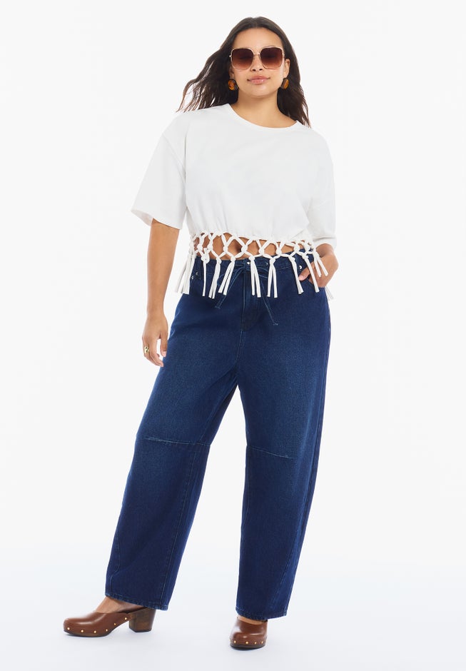 Fringe Trim Cropped Crewneck Tee image number 1