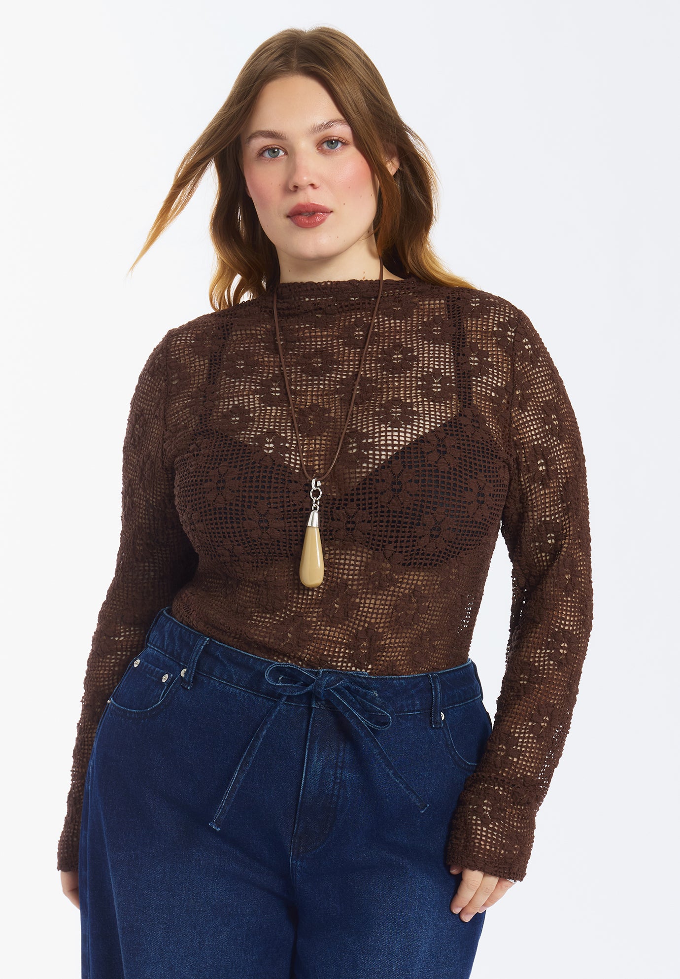 Floral Lace Mesh Funnel Neck Top image number 1