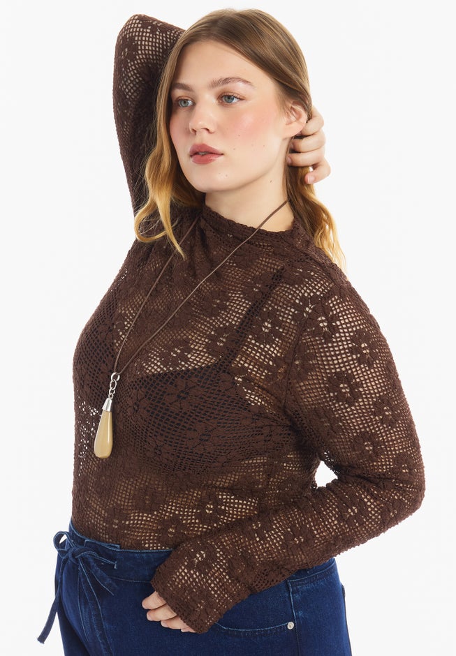 Floral Lace Mesh Funnel Neck Top image number 3