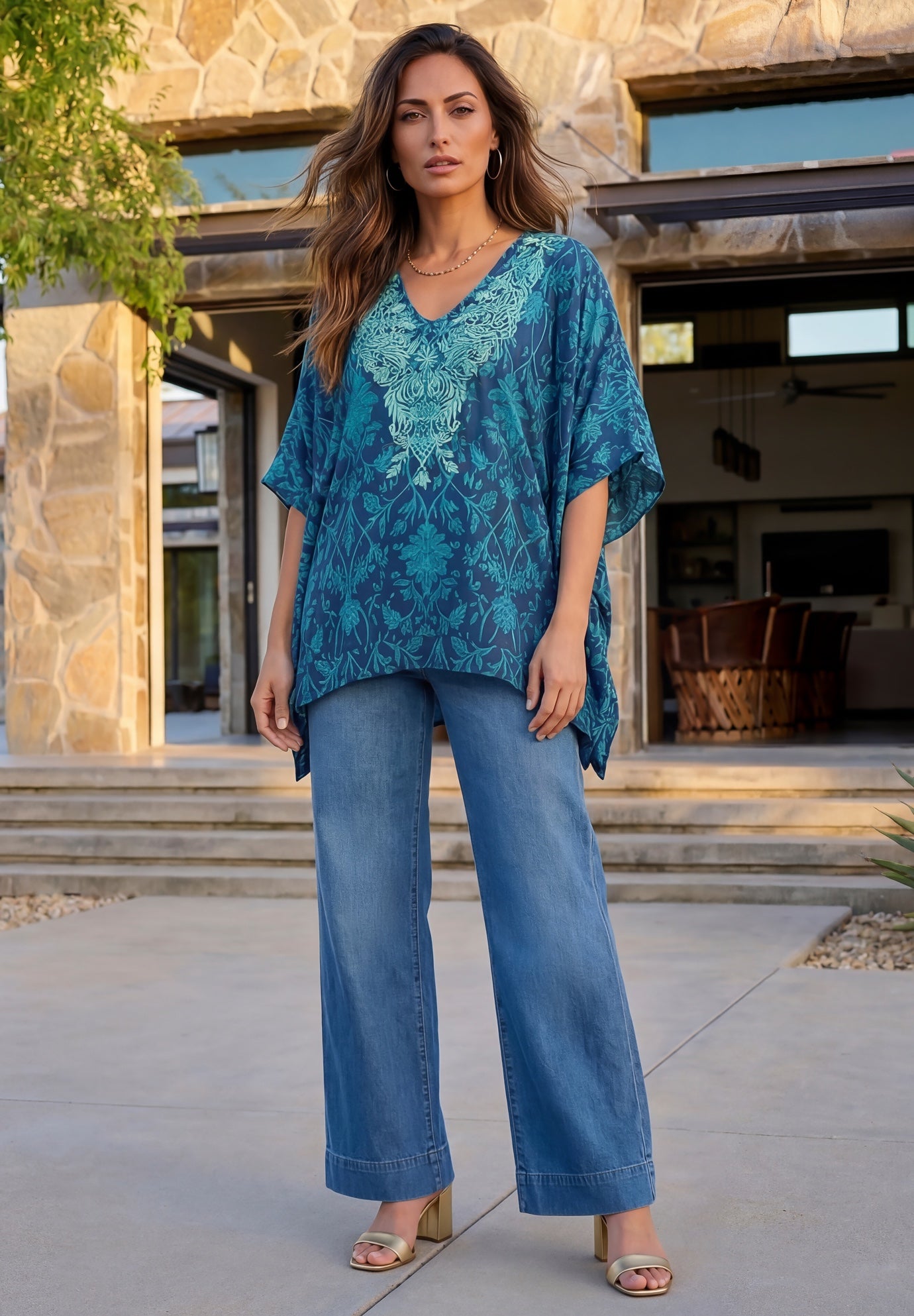 Plus Size Georgette V-Neck Embroidered Poncho Blouse image number 0