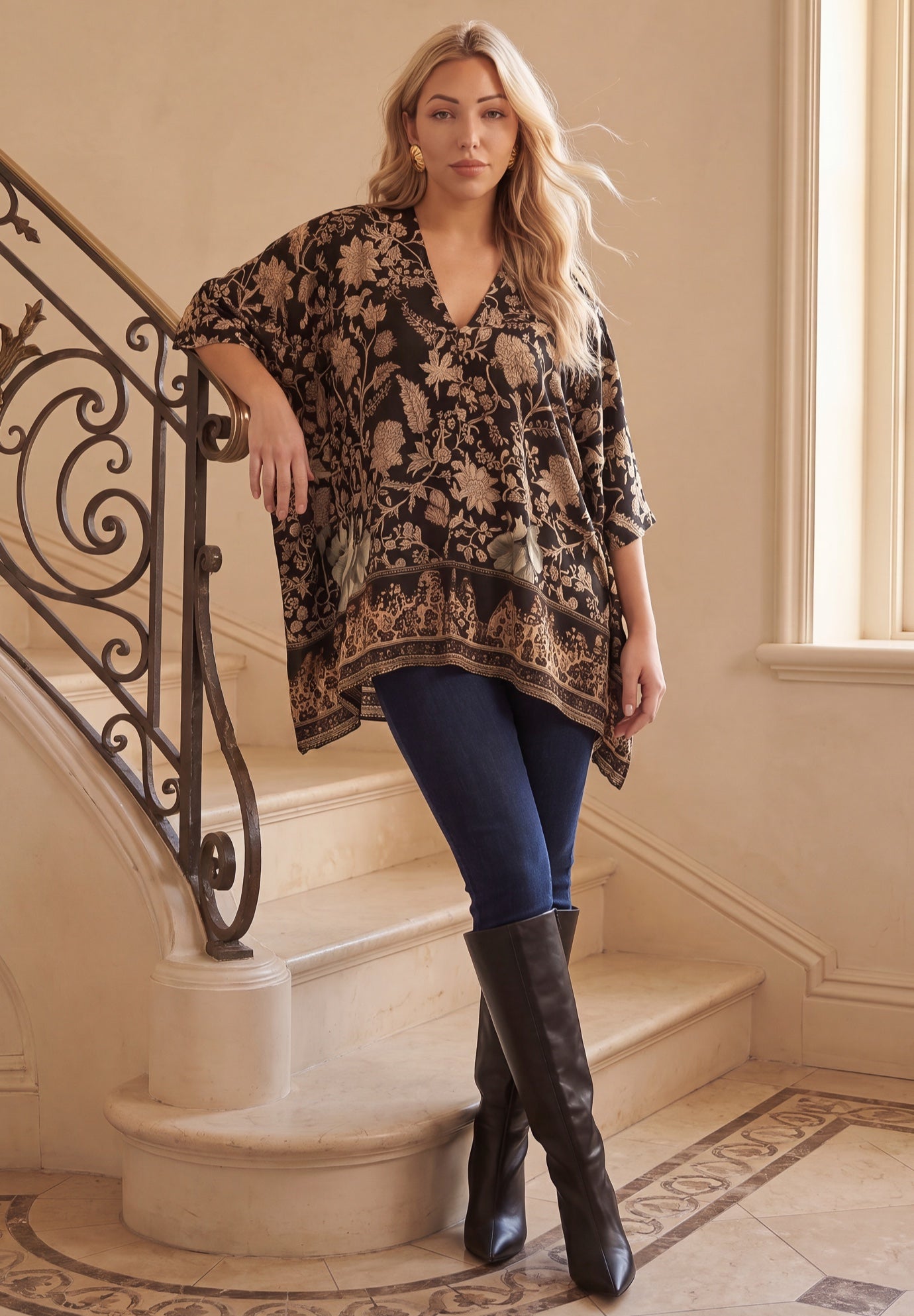 Plus Size Georgette V-Neck Embroidered Poncho Blouse image number 0