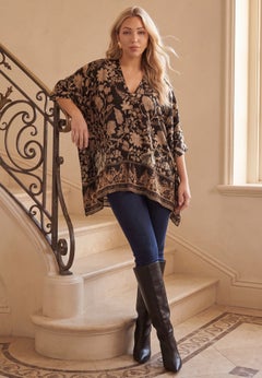Plus Size Georgette V-Neck Embroidered Poncho Blouse