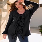 Plus Size V-Neck Ruffle Trim Tie-Front Cardigan image number 1