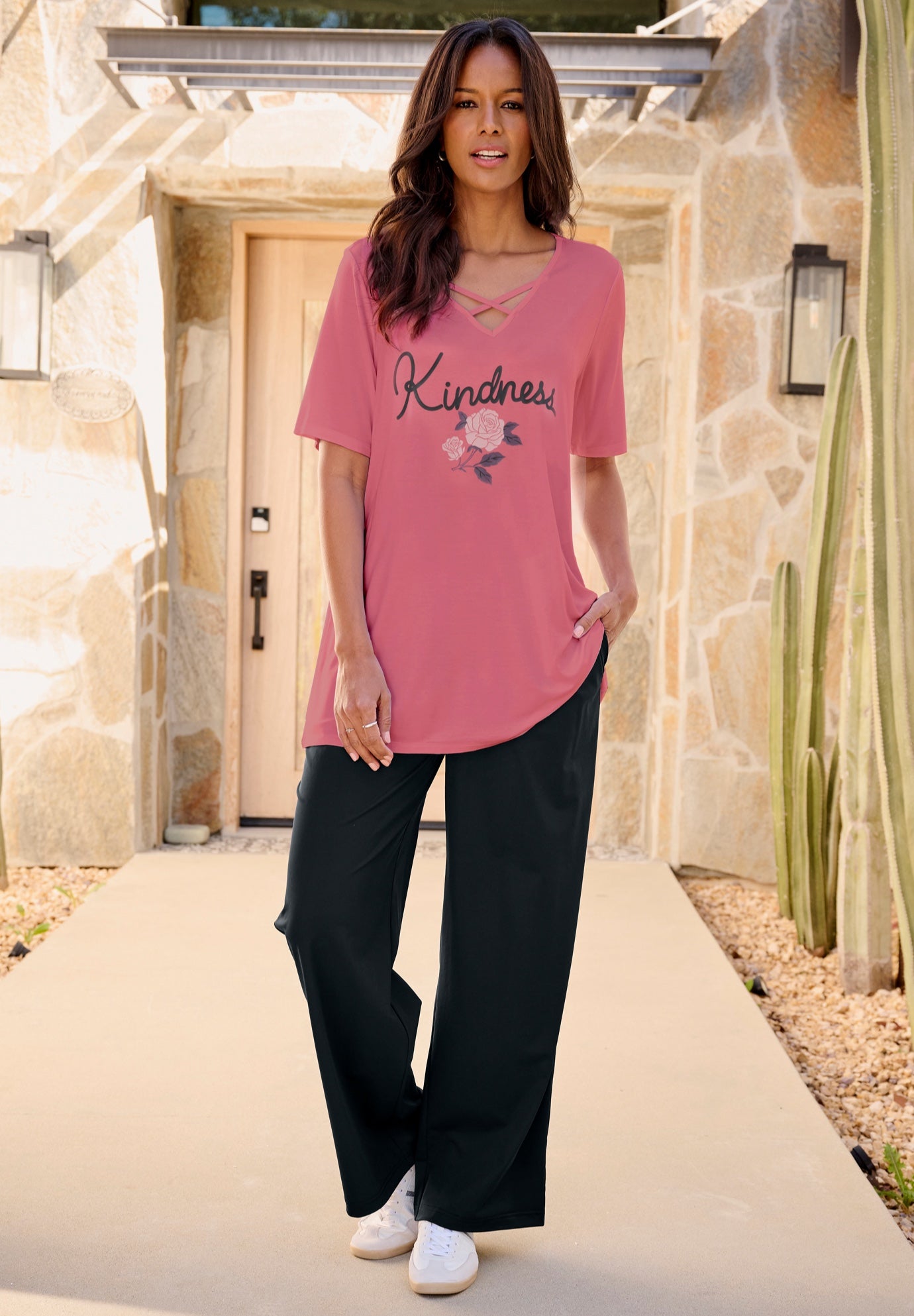 Plus Size Lace-Up V-Neck Short Sleeve Print Tunic image number 0