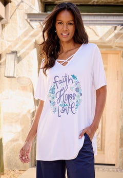 Plus Size Lace-Up V-Neck Short Sleeve Print Tunic
