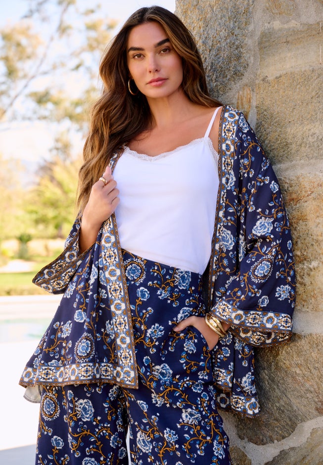  Plus Size Border Print Long Sleeve Open Front Jacket image number 1