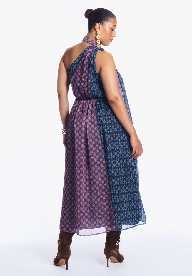 One-Shoulder Chiffon Maxi Dress With Neck Tie image number 1