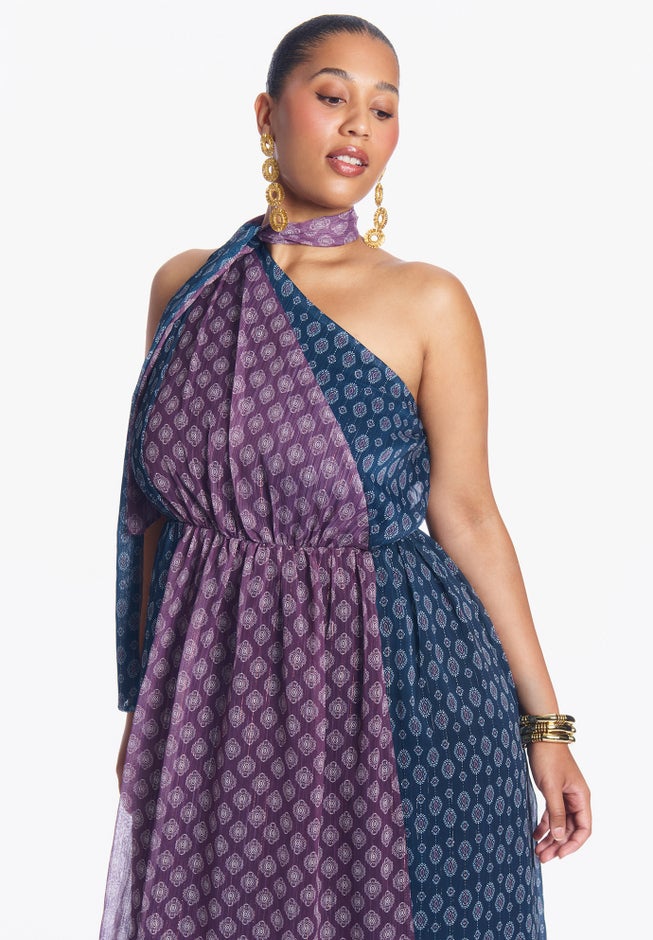 One-Shoulder Chiffon Maxi Dress With Neck Tie image number 2