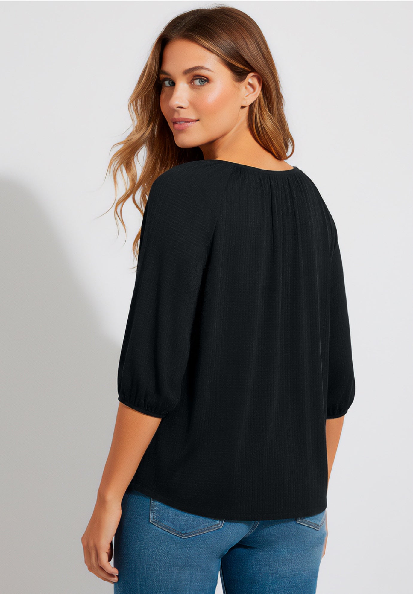 Plus Size Lace Pointelle V-Neck Blouson Sleeve Tunic image number 1