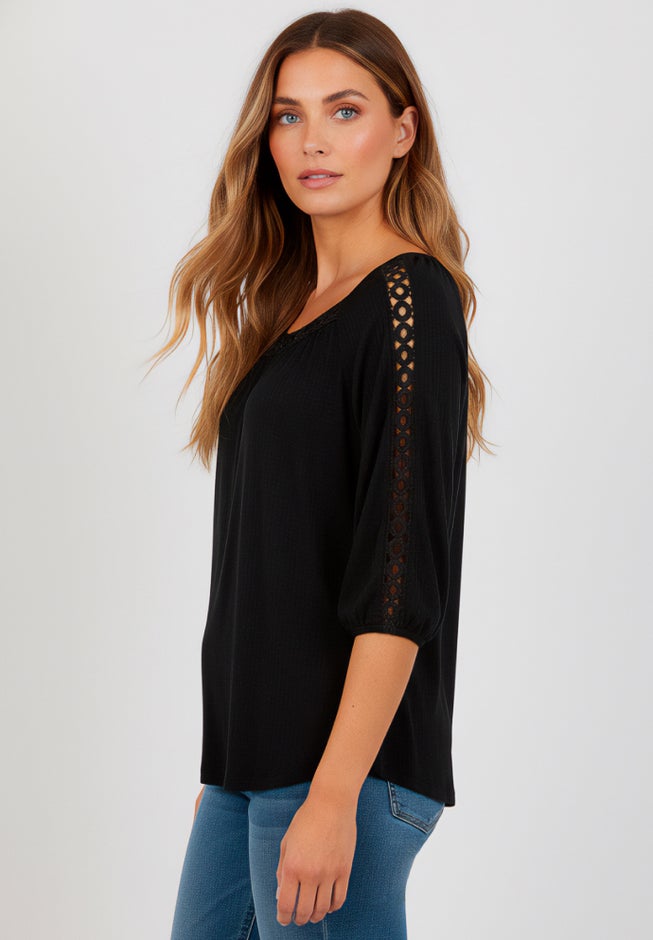 Plus Size Lace Pointelle V-Neck Blouson Sleeve Tunic image number 2