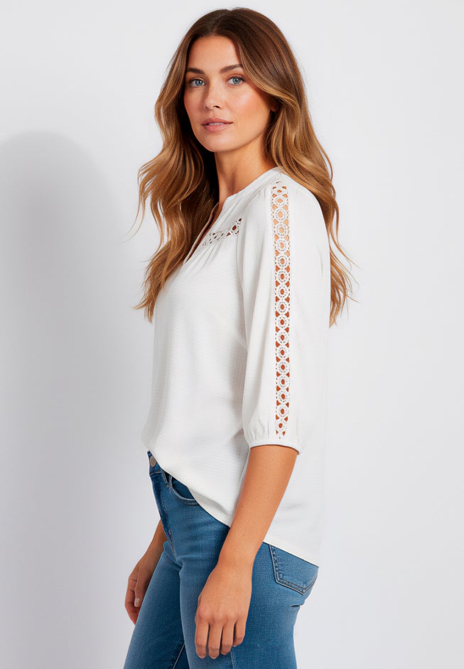 Plus Size Lace Pointelle V-Neck Blouson Sleeve Tunic image number 2