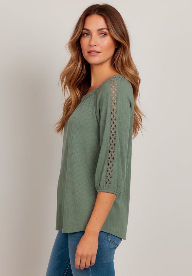 Plus Size Lace Pointelle V-Neck Blouson Sleeve Tunic image number 2