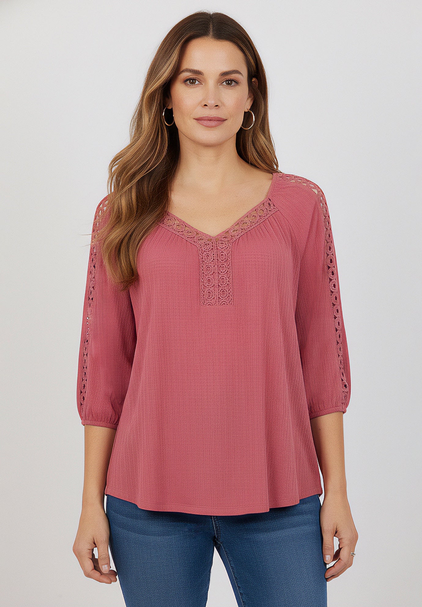Plus Size Lace Pointelle V-Neck Blouson Sleeve Tunic image number 0