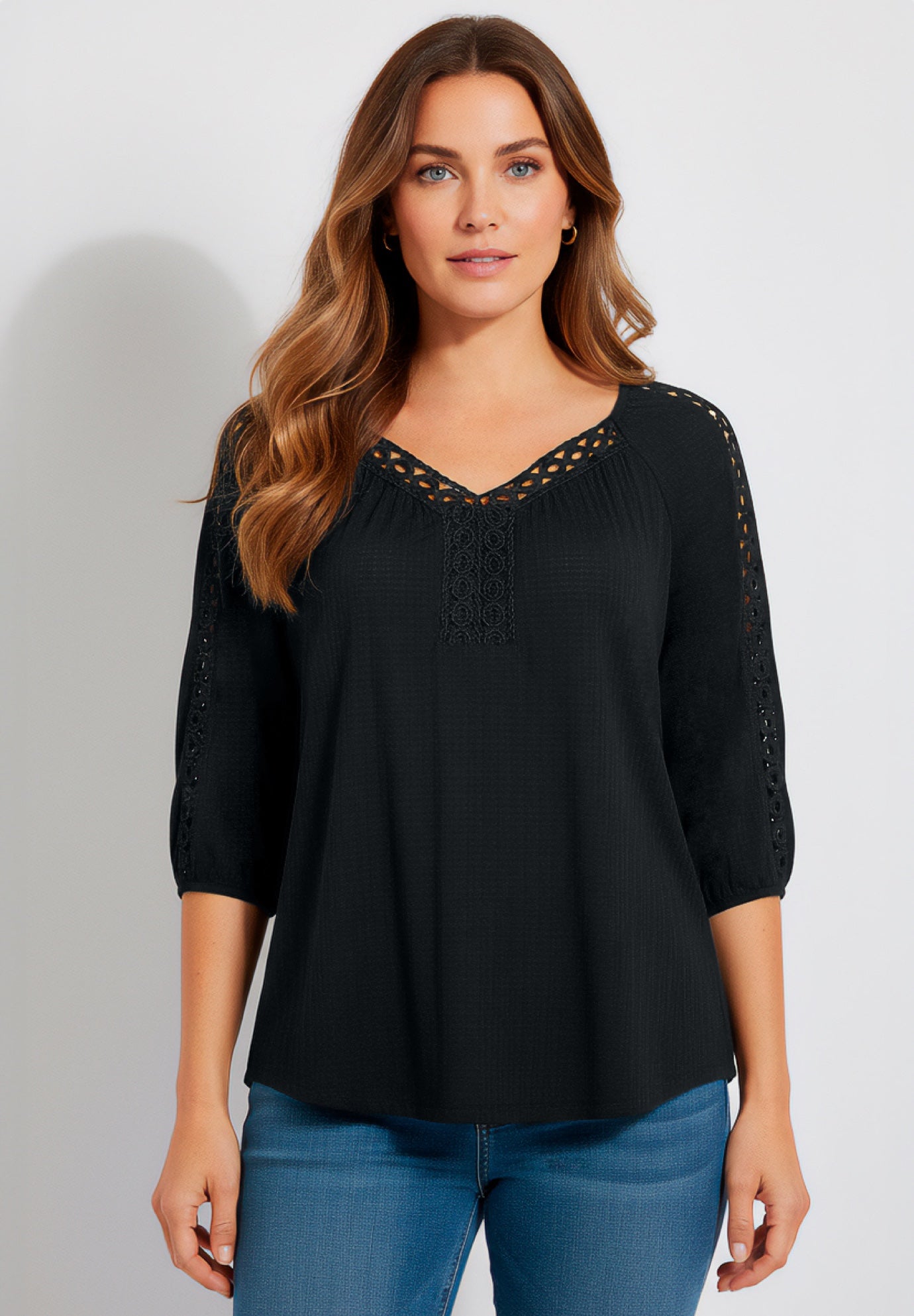 Plus Size Lace Pointelle V-Neck Blouson Sleeve Tunic image number 0