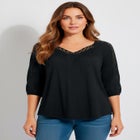 Plus Size Lace Pointelle V-Neck Blouson Sleeve Tunic image number null