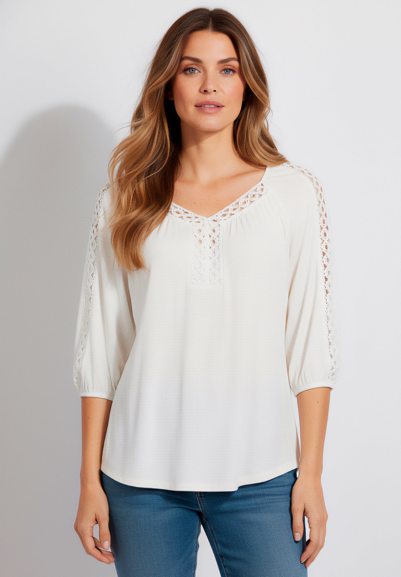 Plus Size Lace Pointelle V-Neck Blouson Sleeve Tunic image number 0