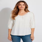 Plus Size Lace Pointelle V-Neck Blouson Sleeve Tunic image number null