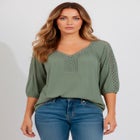 Plus Size Lace Pointelle V-Neck Blouson Sleeve Tunic image number null