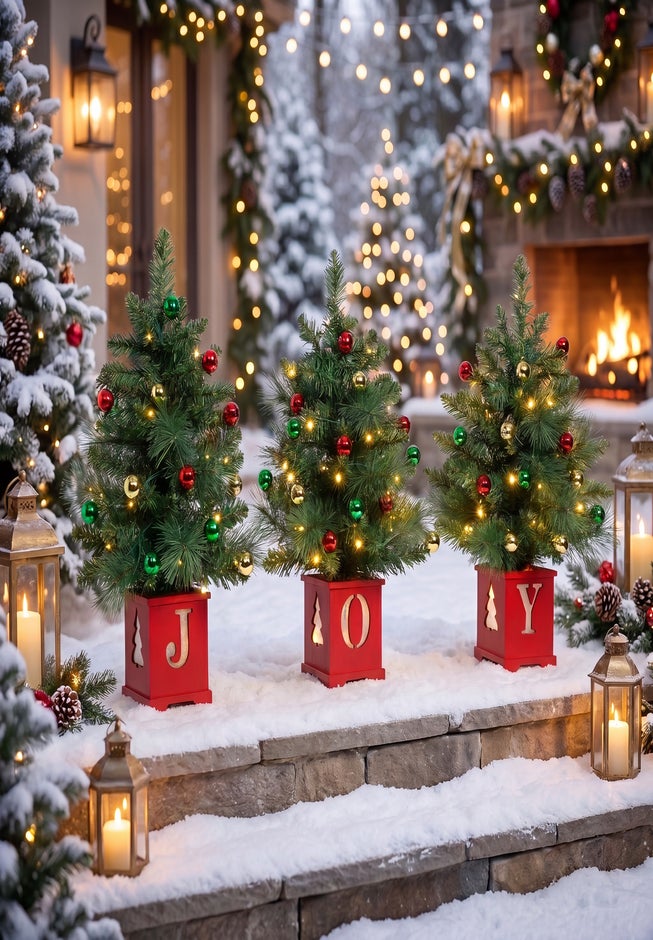 Pre-lit "JOY" Wooden Urn Tree Set, Set of 3 image number 1