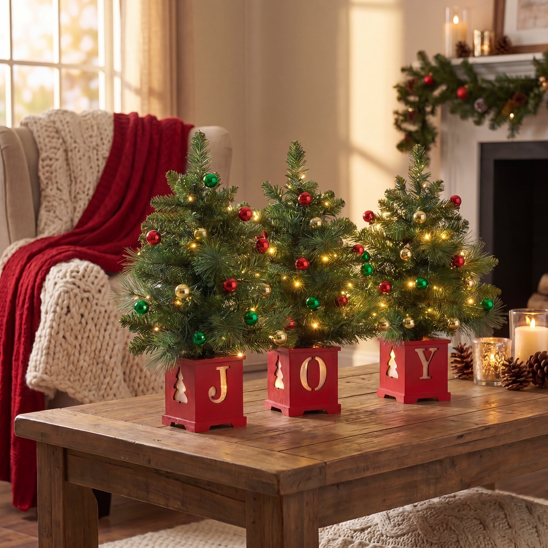 Pre-lit "JOY" Wooden Urn Tree Set, Set of 3 image number 3