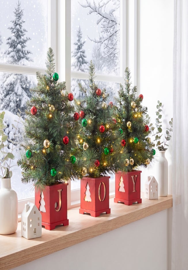 Pre-lit "JOY" Wooden Urn Tree Set, Set of 3 image number 4