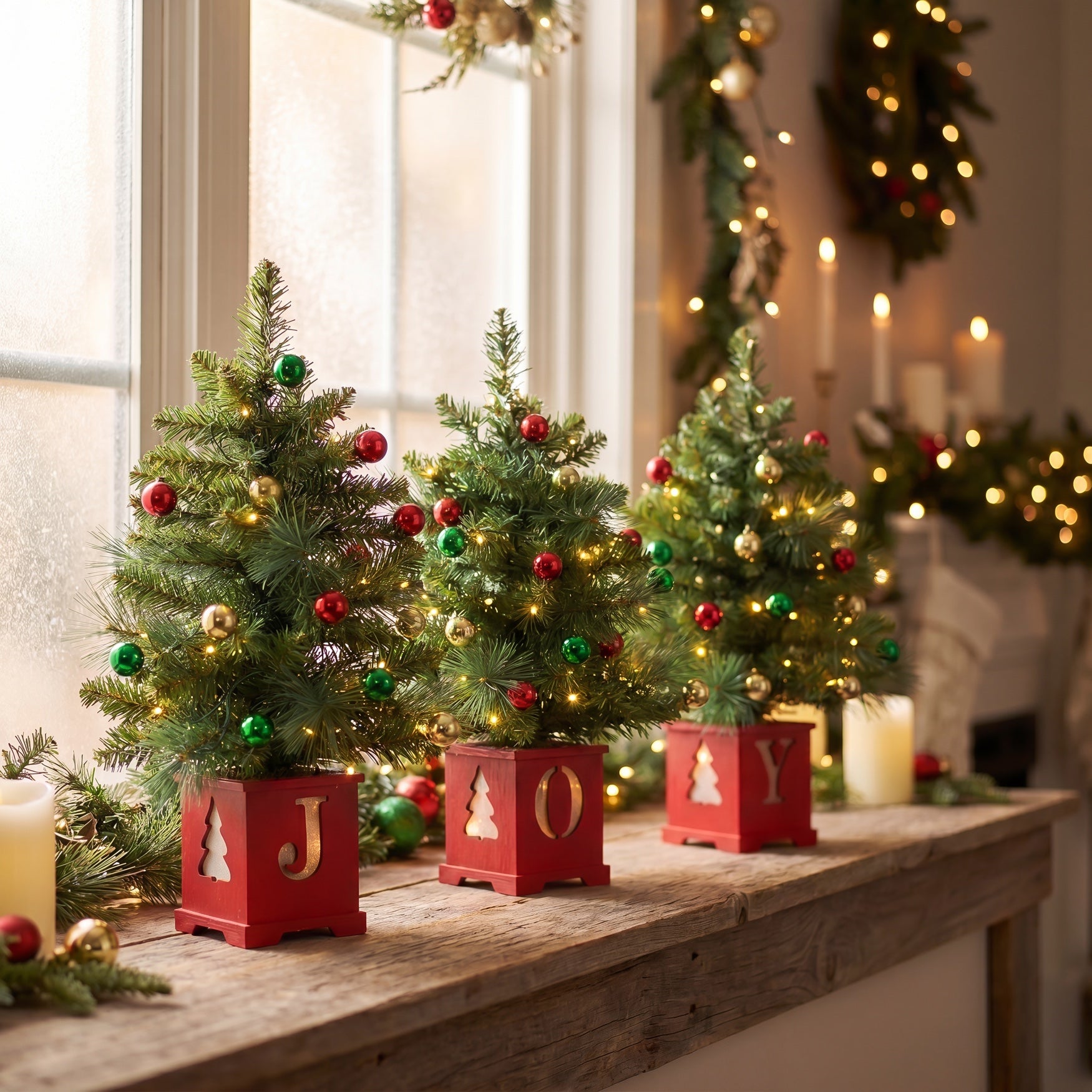 Pre-lit "JOY" Wooden Urn Tree Set, Set of 3 image number 0