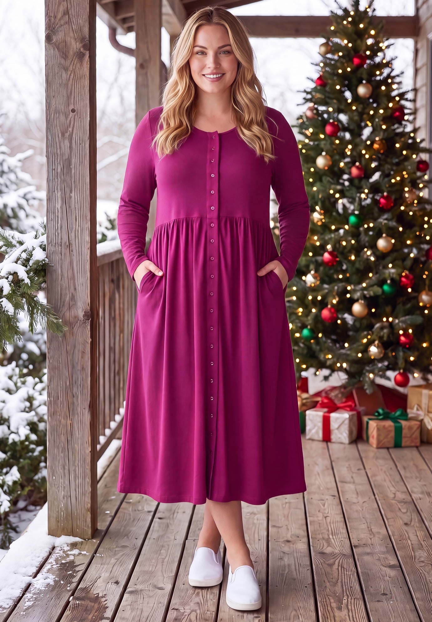 Long-Sleeve Button-Front Knit Dress image number 0