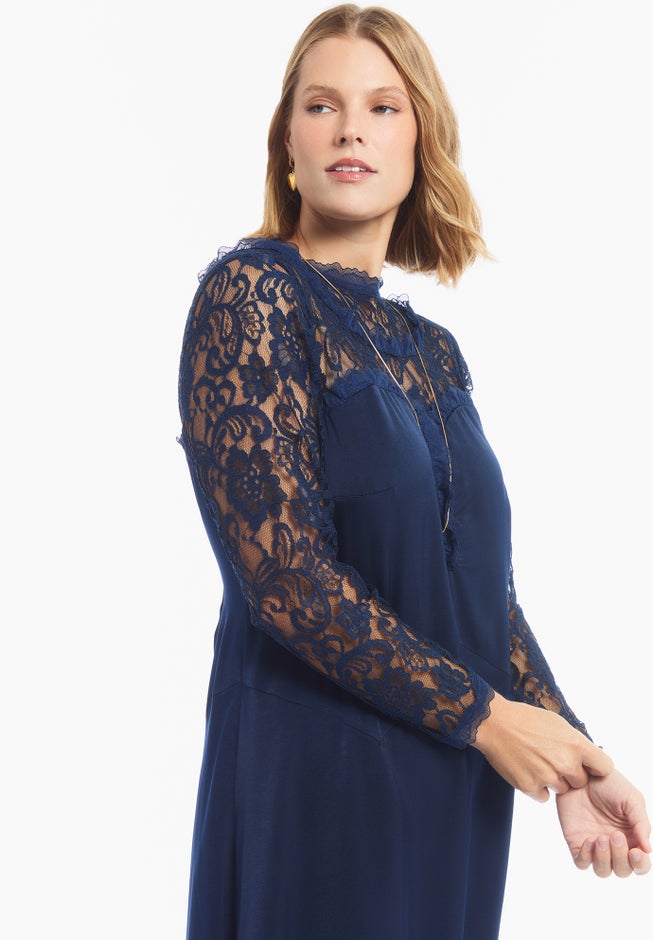 Lace Long Sleeve Satin Midi Dress image number 4