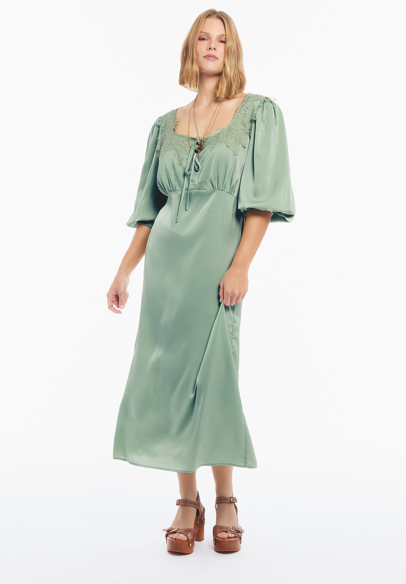 Lace-Trim Satin Midi Slip Dress image number 1