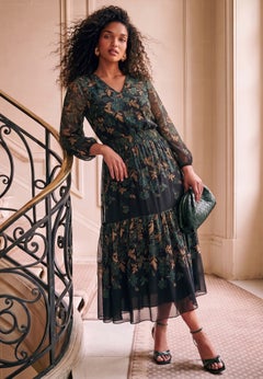 Plus Size Printed Chiffon V-Neck Tiered Maxi Dress