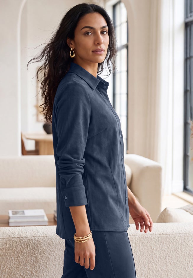 Stretch Faux Suede Button-Up Shirt image number 2