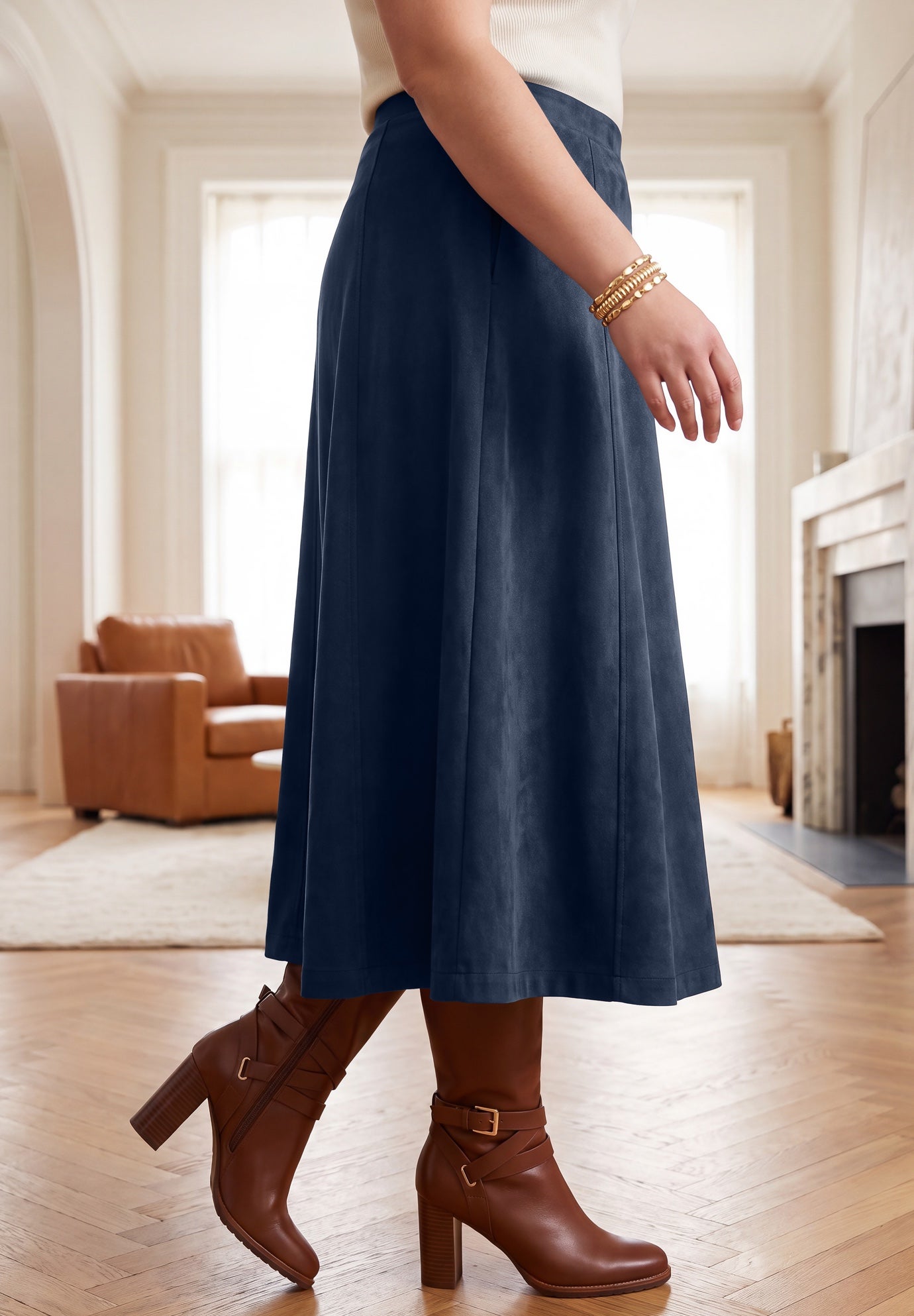 Stretch Faux Suede A-Line Midi Skirt image number 2
