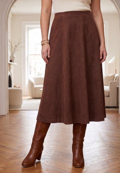 Stretch Faux Suede A-Line Midi Skirt